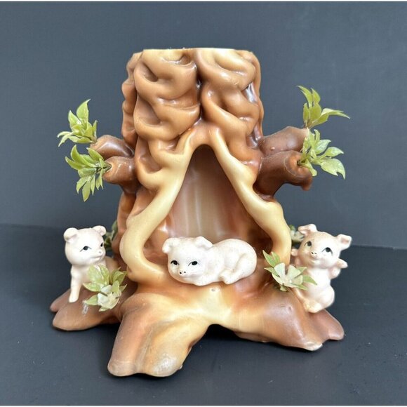 3 Little Pigs Boho Candle Decor Tree Stump Vintage 6” Large Log German Carved - Picture 10 of 10